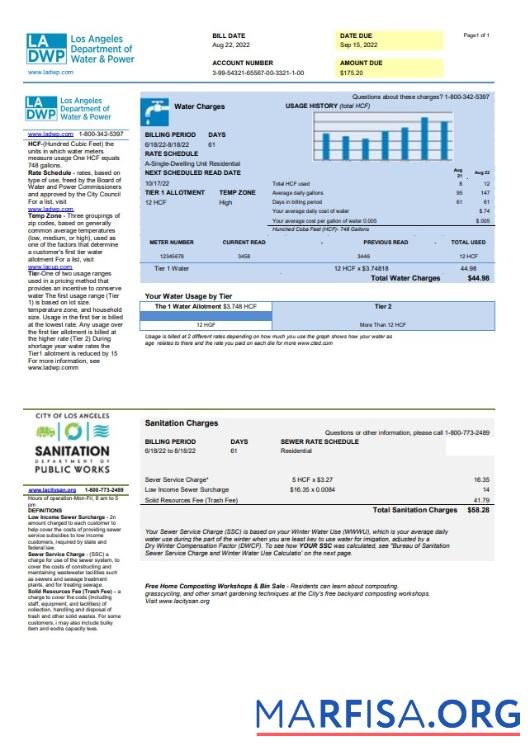 Printable USA LA DWP utility bill template in Word and PDF format